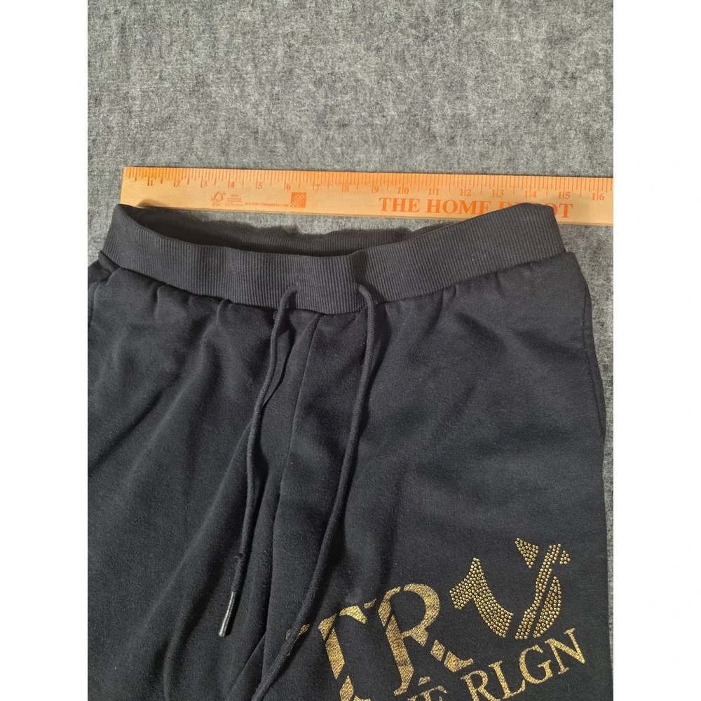 True Religion Mens Large Sweatpants Black Gold Graphic Fleece Joggers TRU RLGN